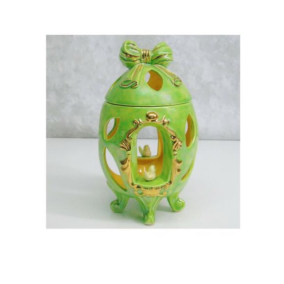 Arnel's EASTER EGG 4-Footed Iridescent Green Gold Bow Lid Chicks Candle Holder - Picture 1 of 8